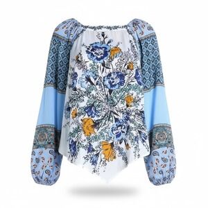 Boho Floral Peasant Blouse Mixed Print Patchwork Top Flowy Balloon Sleeve